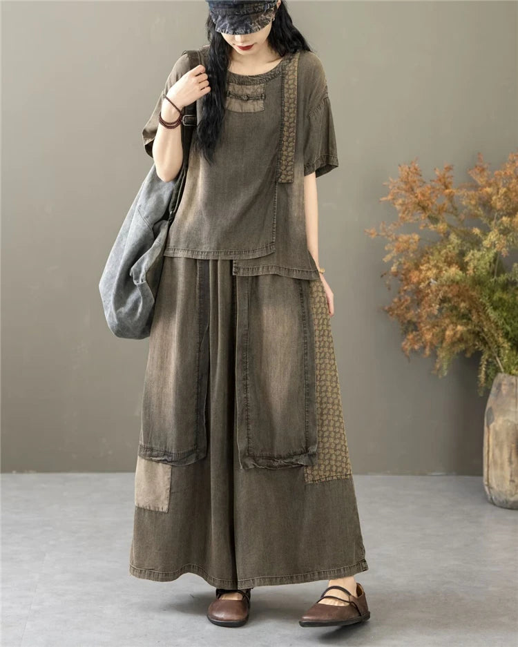 Classic Patchwork O Neck Vintage Tops Tees Loose Jeans Casual Pants Two Pieces Sets