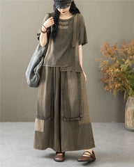 Classic Patchwork O Neck Vintage Tops Tees Loose Jeans Casual Pants Two Pieces Sets