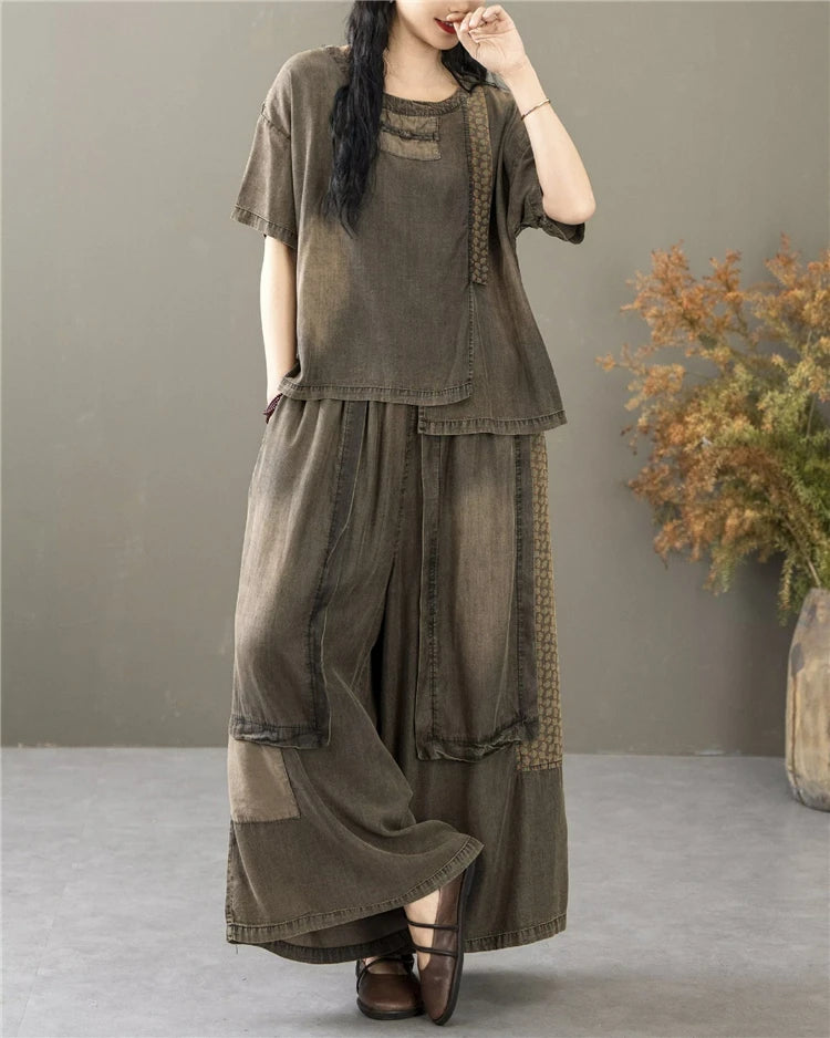 Classic Patchwork O Neck Vintage Tops Tees Loose Jeans Casual Pants Two Pieces Sets