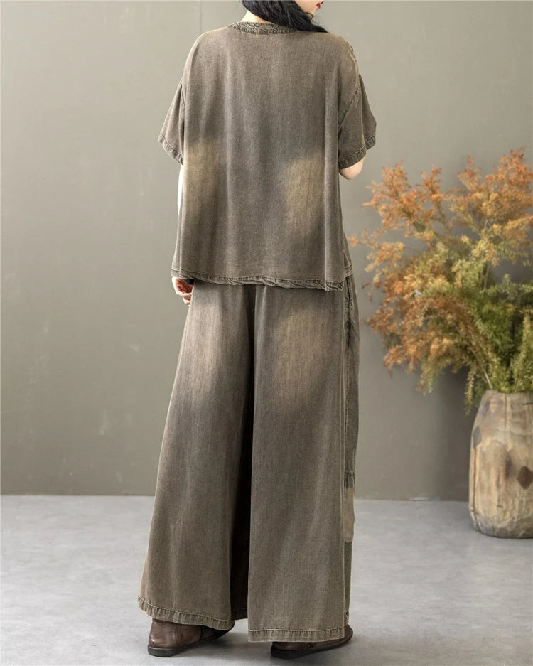 Classic Patchwork O Neck Vintage Tops Tees Loose Jeans Casual Pants Two Pieces Sets