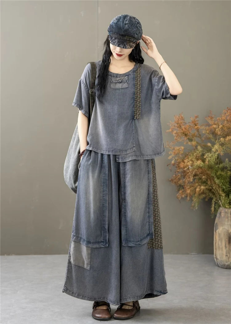 Classic Patchwork O Neck Vintage Tops Tees Loose Jeans Casual Pants Two Pieces Sets