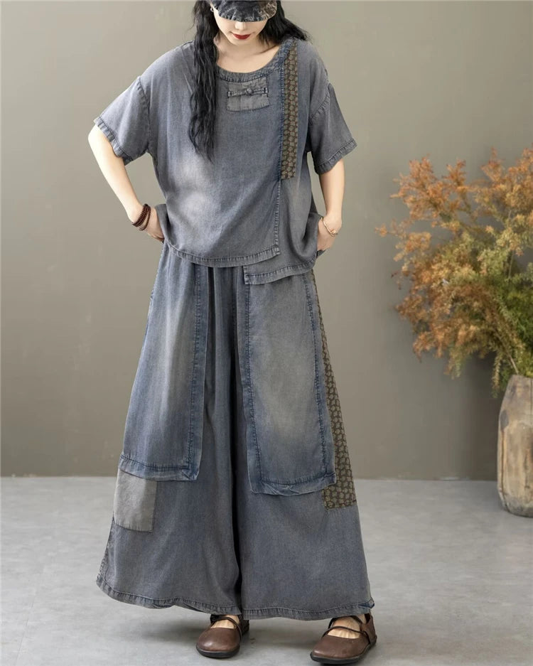 Classic Patchwork O Neck Vintage Tops Tees Loose Jeans Casual Pants Two Pieces Sets