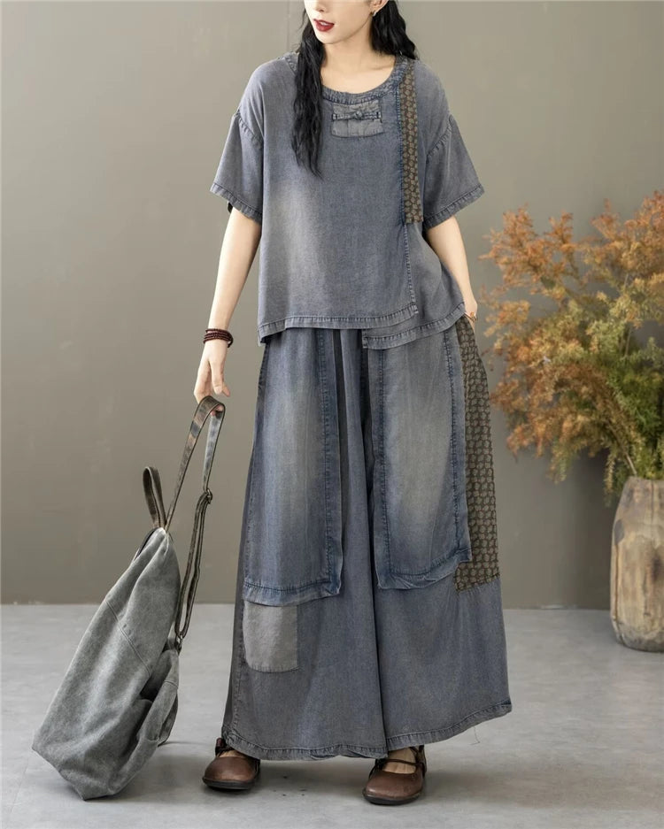 Classic Patchwork O Neck Vintage Tops Tees Loose Jeans Casual Pants Two Pieces Sets