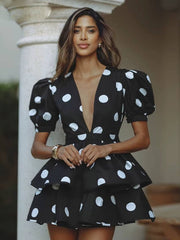 Classic V-Neck Short Sleeve Slim Printed High Waist Pleated Mini Dress