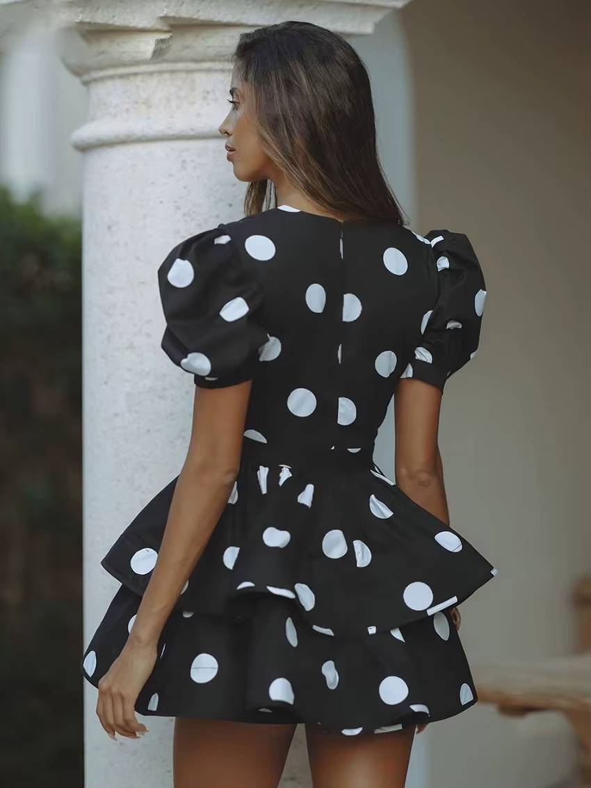 Classic V-Neck Short Sleeve Slim Printed High Waist Pleated Mini Dress