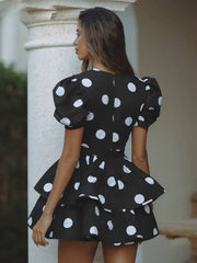 Classic V-Neck Short Sleeve Slim Printed High Waist Pleated Mini Dress