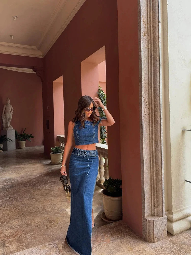 Vintage One Shoulder Lace Up Tops A-lined Denim Shirt Slim Skirt Set