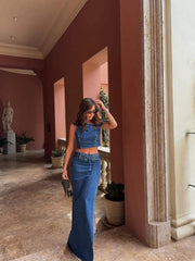Vintage One Shoulder Lace Up Tops A-lined Denim Shirt Slim Skirt Set