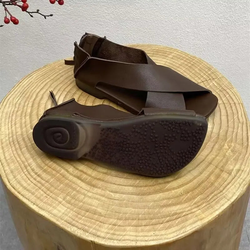 Classics Sandals Casual Beach Simple Sandals Solid Color Leather Female Retro Soft Non-slip Roman Ladies Shoes