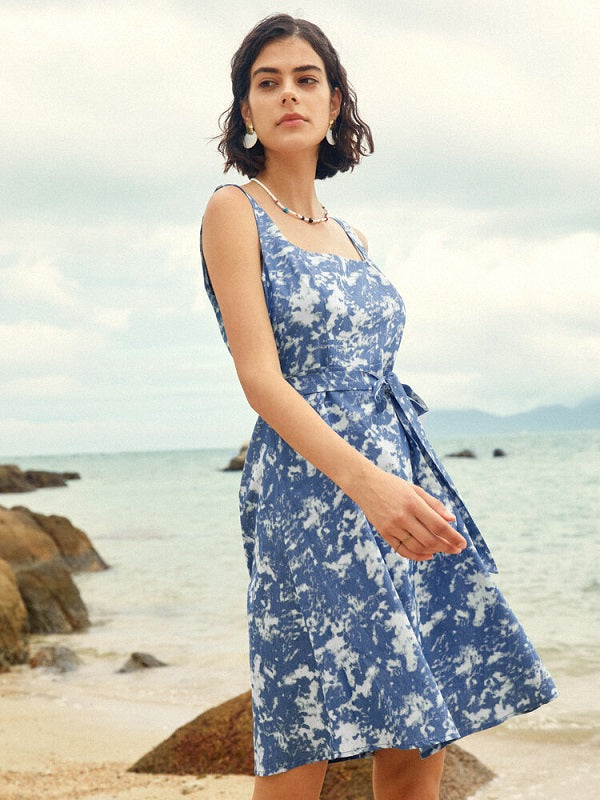 Cloud Print Open Back Belt Zip Side Dress