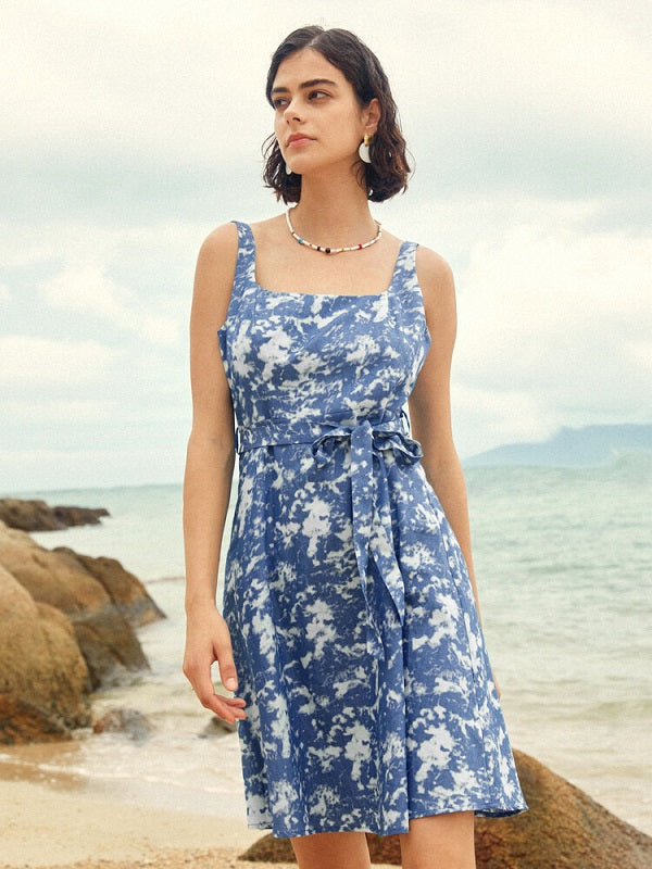 Cloud Print Open Back Belt Zip Side Dress