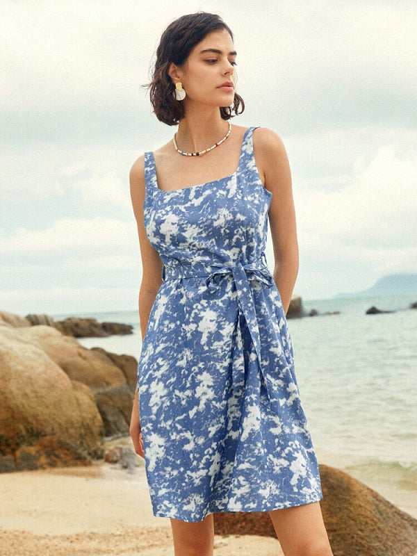 Cloud Print Open Back Belt Zip Side Dress