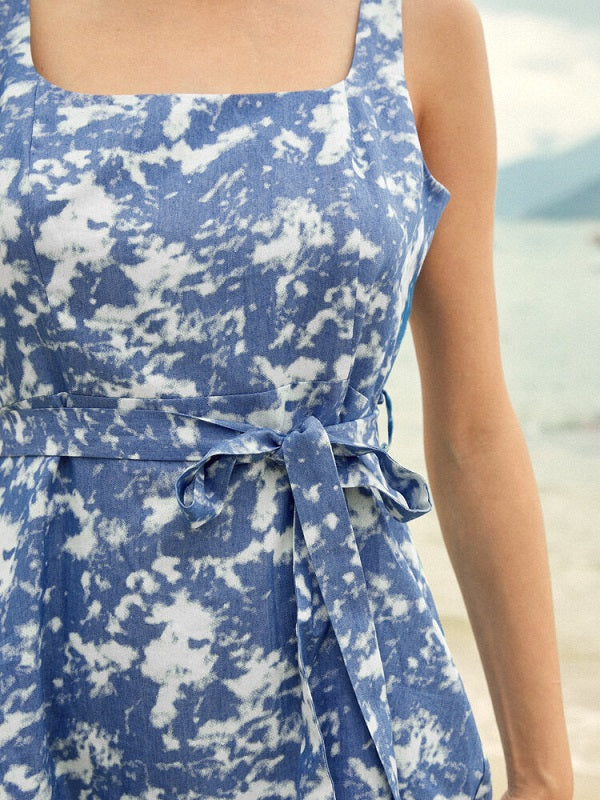 Cloud Print Open Back Belt Zip Side Dress