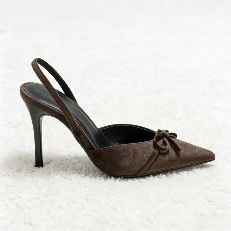 Coffee Velvet Butterfly Knot Decoration Pumps Pointed Toe Slingbacks High Heel