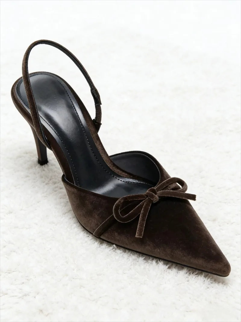 Coffee Velvet Butterfly Knot Decoration Pumps Pointed Toe Slingbacks High Heel