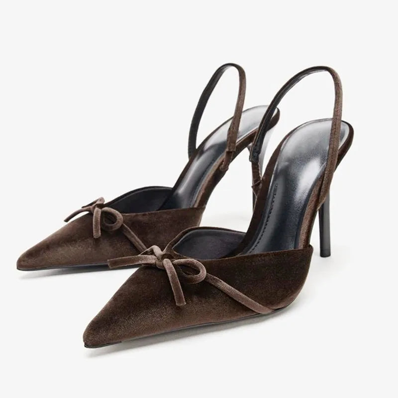 Coffee Velvet Butterfly Knot Decoration Pumps Pointed Toe Slingbacks High Heel