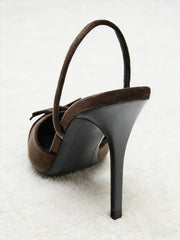 Coffee Velvet Butterfly Knot Decoration Pumps Pointed Toe Slingbacks High Heel