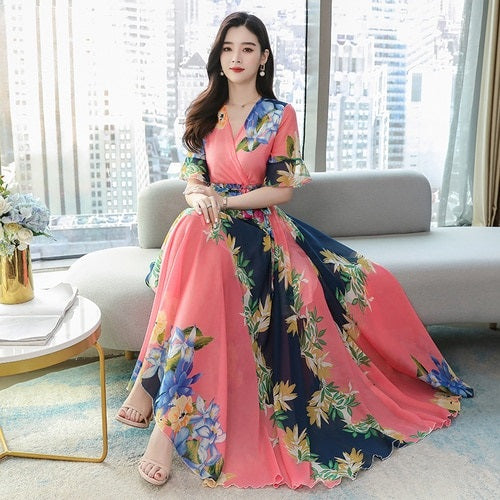 Collar Short Sleeve Flower Printed Chiffon Long Dress