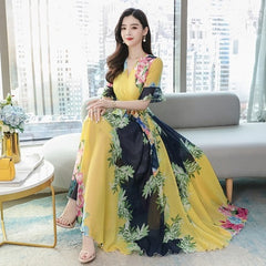 Collar Short Sleeve Flower Printed Chiffon Long Dress