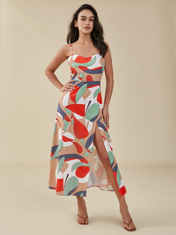 Color Block Adjustable Strap Open Back Slit Dress