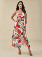 Color Block Adjustable Strap Open Back Slit Dress