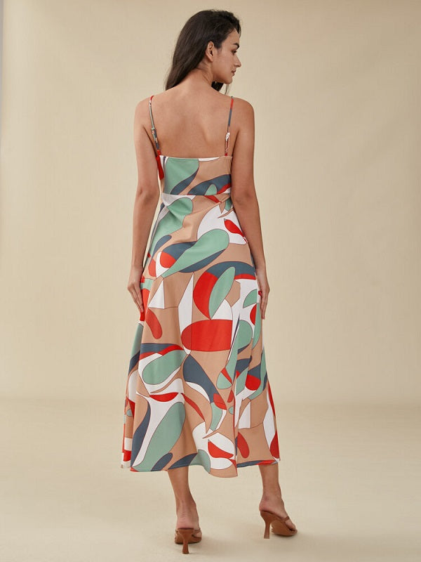 Color Block Adjustable Strap Open Back Slit Dress