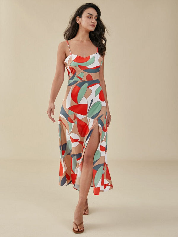 Color Block Adjustable Strap Open Back Slit Dress