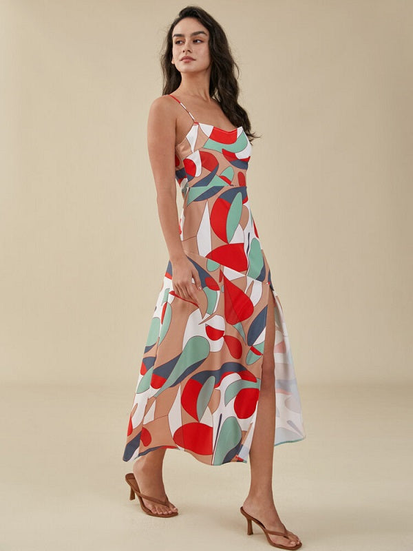 Color Block Adjustable Strap Open Back Slit Dress