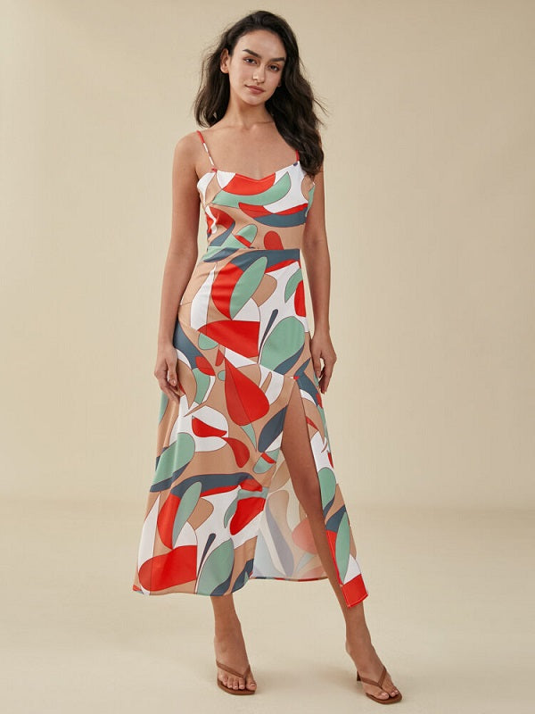 Color Block Adjustable Strap Open Back Slit Dress
