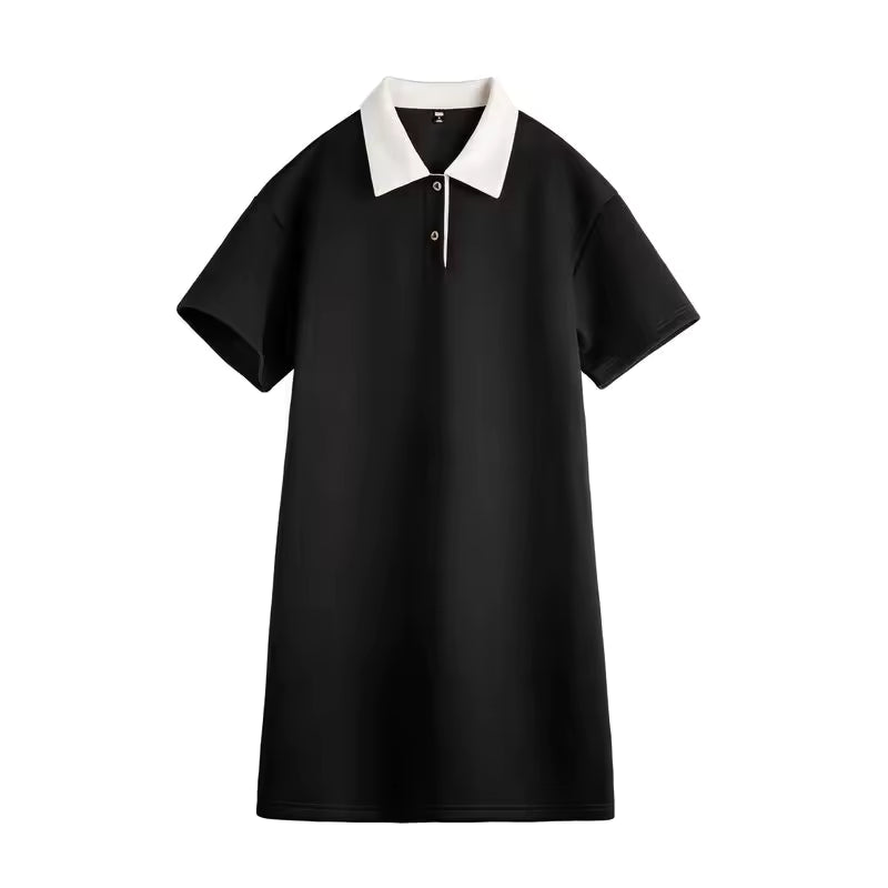 Color-Block Polo Collar Adjustable Waist Short Sleeve Preppy Style Dress