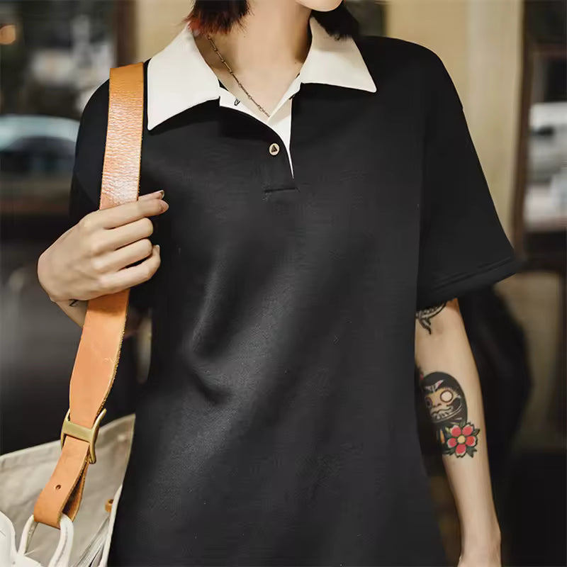 Color-Block Polo Collar Adjustable Waist Short Sleeve Preppy Style Dress