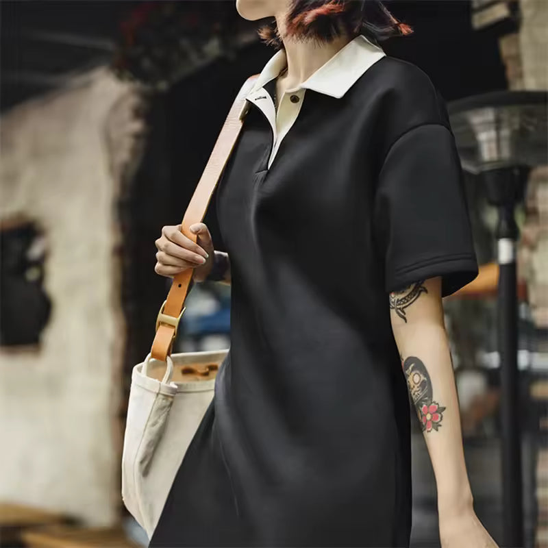 Color-Block Polo Collar Adjustable Waist Short Sleeve Preppy Style Dress