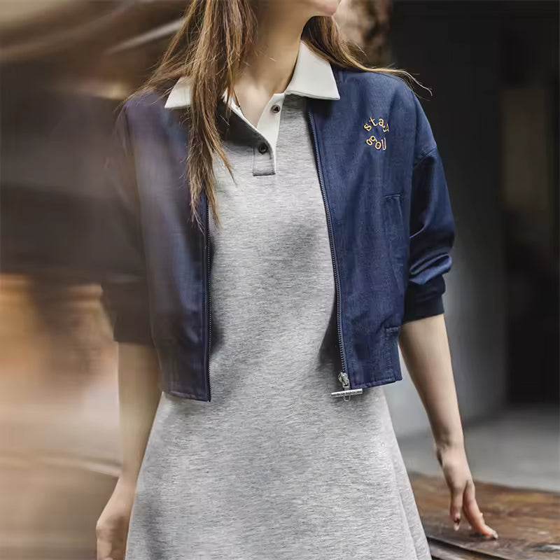 Color-Block Polo Collar Adjustable Waist Short Sleeve Preppy Style Dress