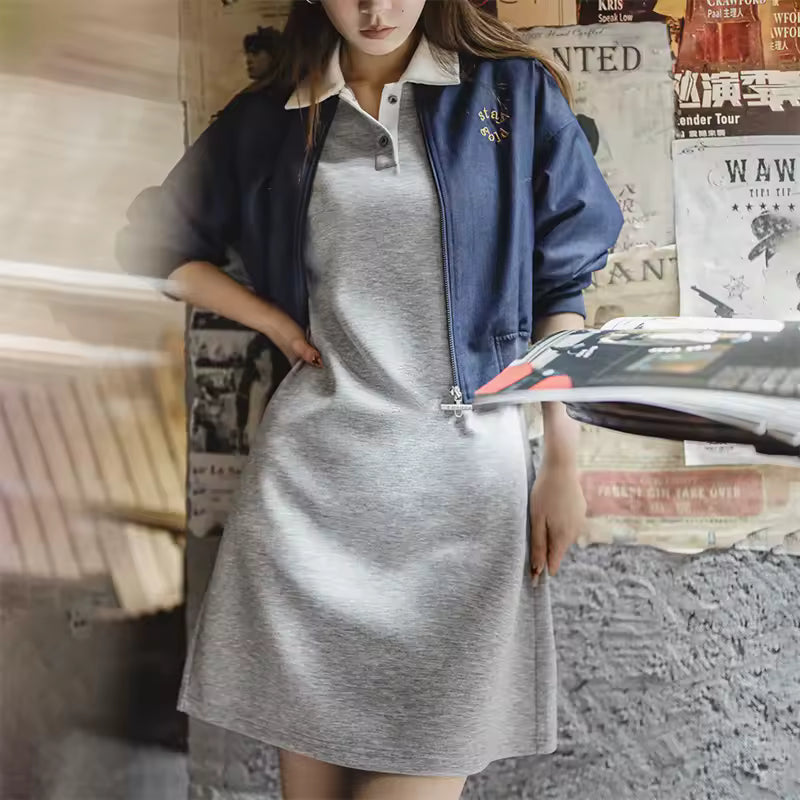 Color-Block Polo Collar Adjustable Waist Short Sleeve Preppy Style Dress