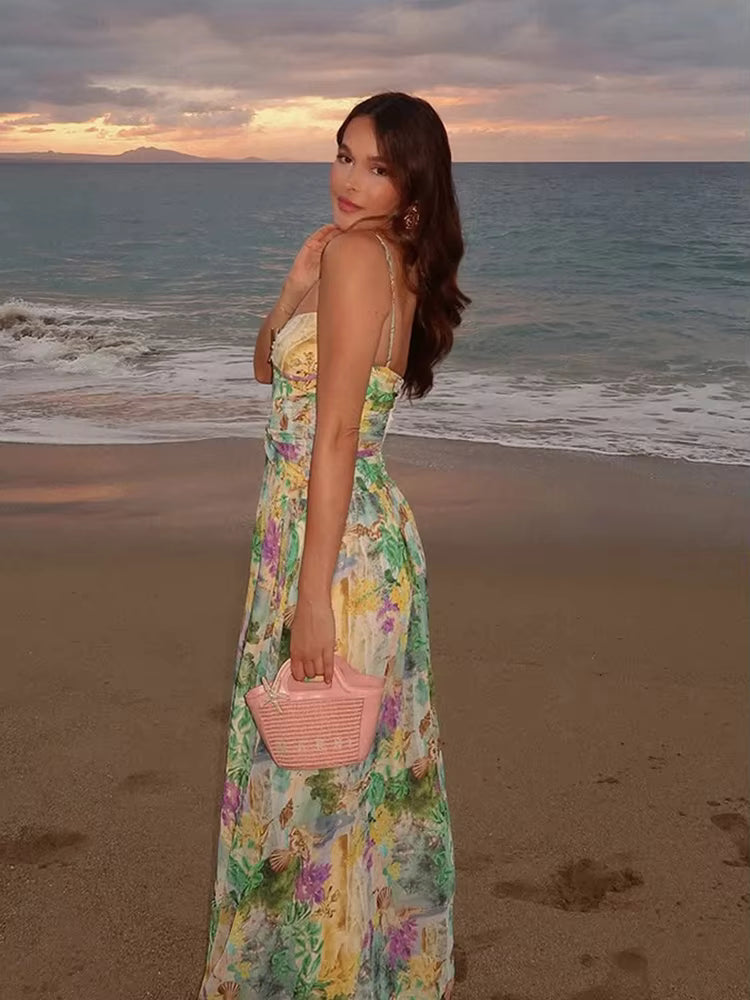 Colorful Metal Decals Backless Pleated Patchwork Hollow Side Slit Maxi Dress