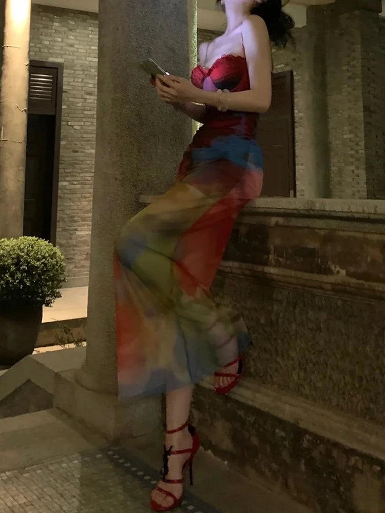 Colorful Print Patchwork Lace Mesh Low-Neck Sleeveless Backless Maxi Dress
