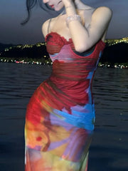 Colorful Print Patchwork Lace Mesh Low-Neck Sleeveless Backless Maxi Dress