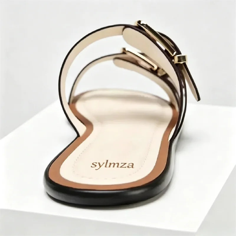 Comfortable Beige Soft Leather Flat Sandals Metal Buckle Designer Shoes