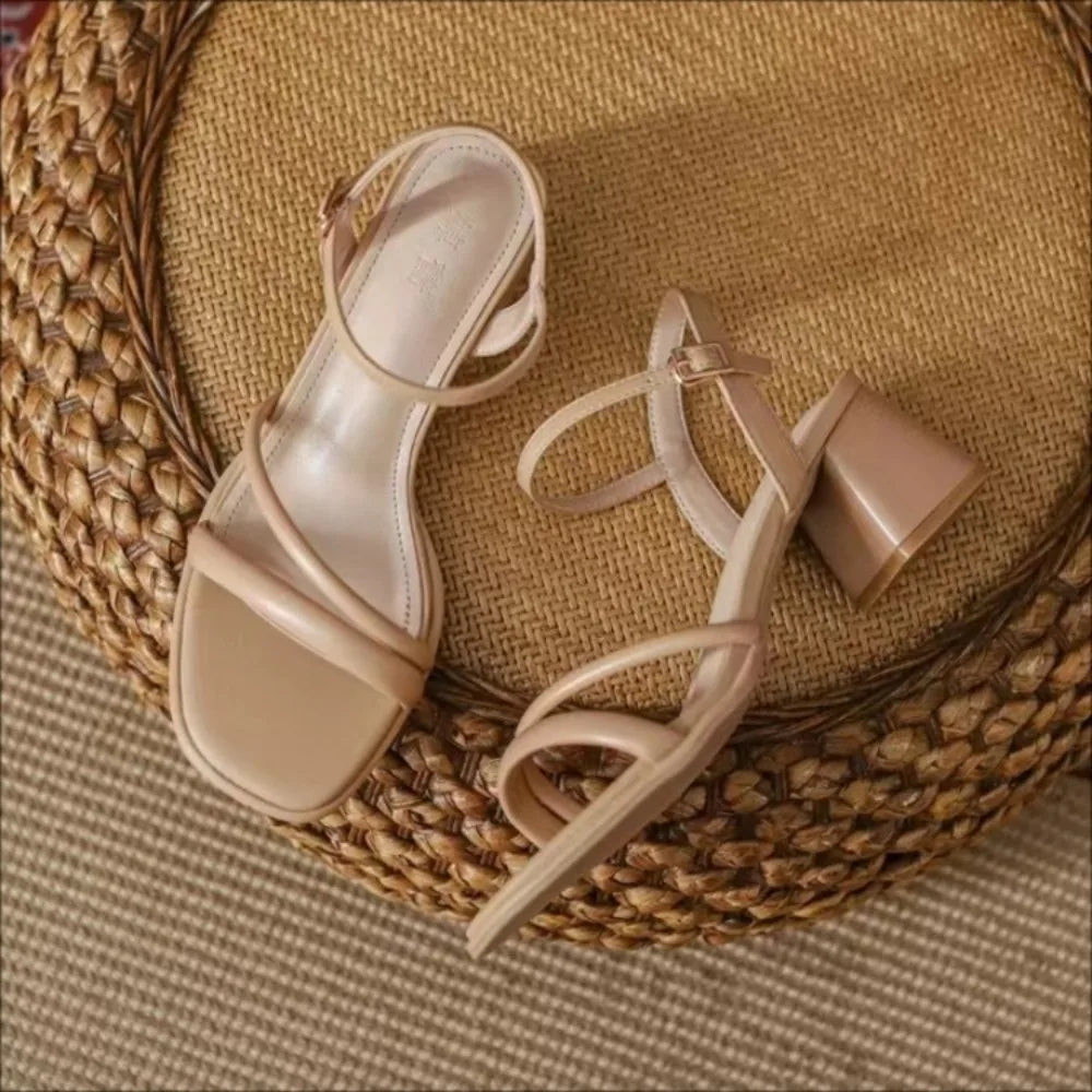 Comfortable Minimalist and Versatile Square Head Open Toe Thick Middle Heel