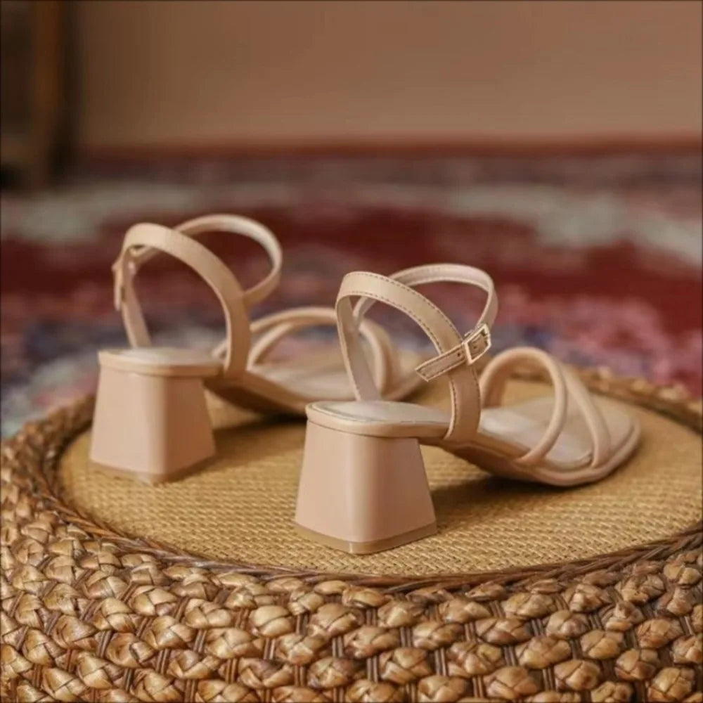 Comfortable Minimalist and Versatile Square Head Open Toe Thick Middle Heel