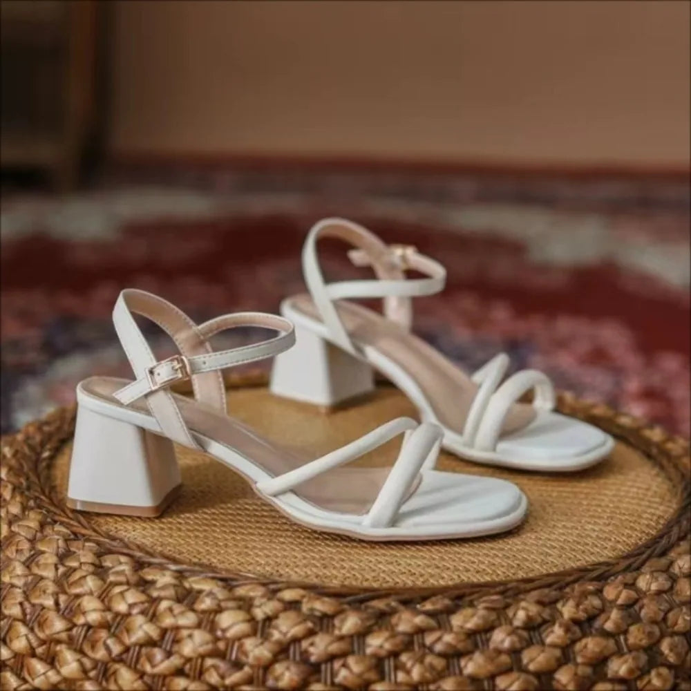 Comfortable Minimalist and Versatile Square Head Open Toe Thick Middle Heel