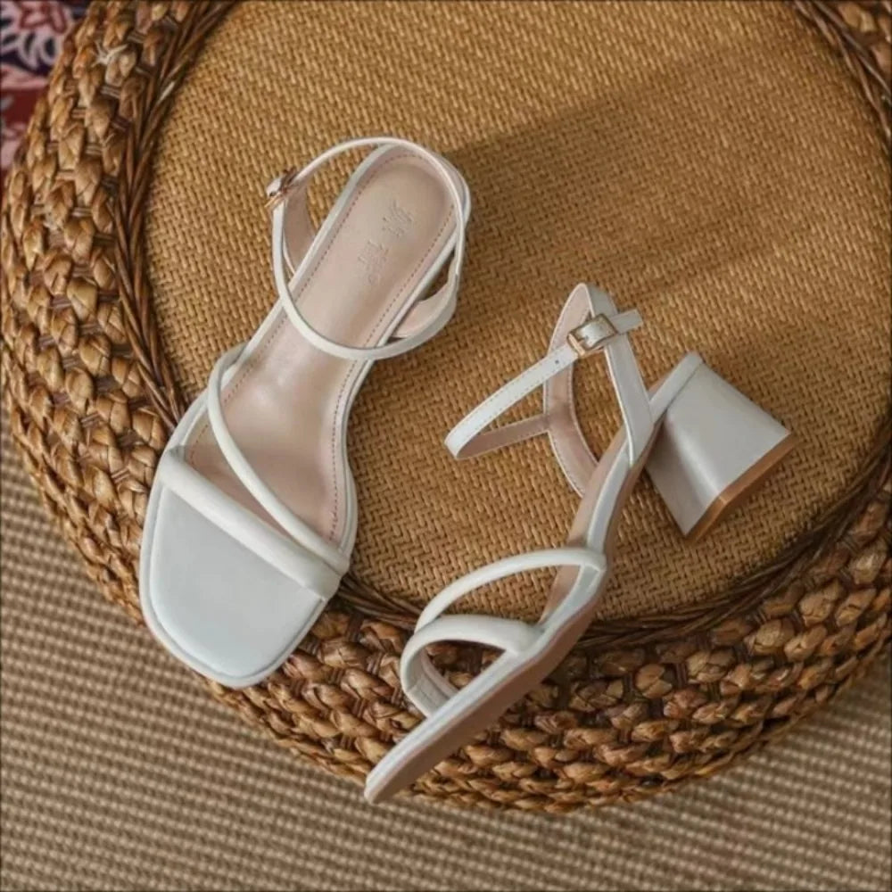 Comfortable Minimalist and Versatile Square Head Open Toe Thick Middle Heel