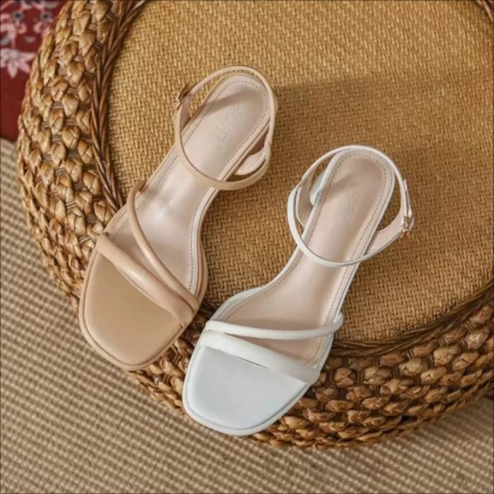 Comfortable Minimalist and Versatile Square Head Open Toe Thick Middle Heel