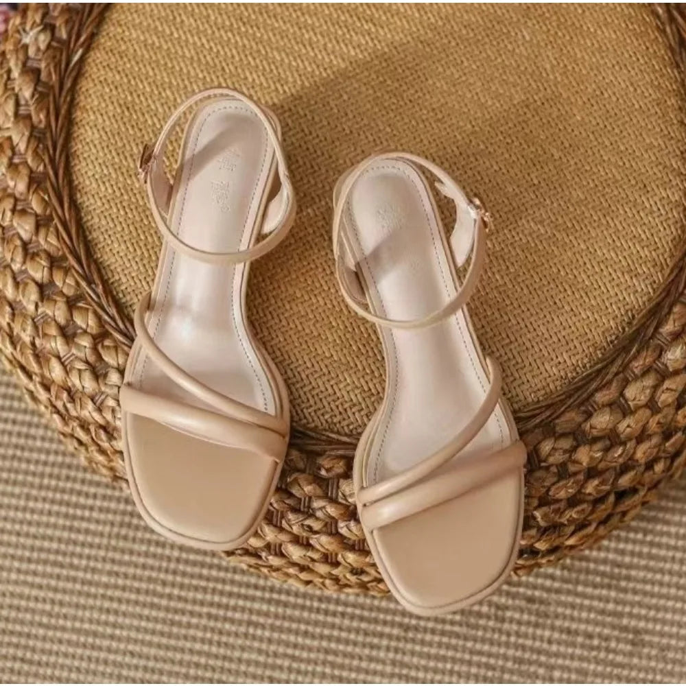 Comfortable Minimalist and Versatile Square Head Open Toe Thick Middle Heel