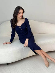 Elegant Comfy Buttons Square Neck Long Sleeves Polyester Knitted Dress