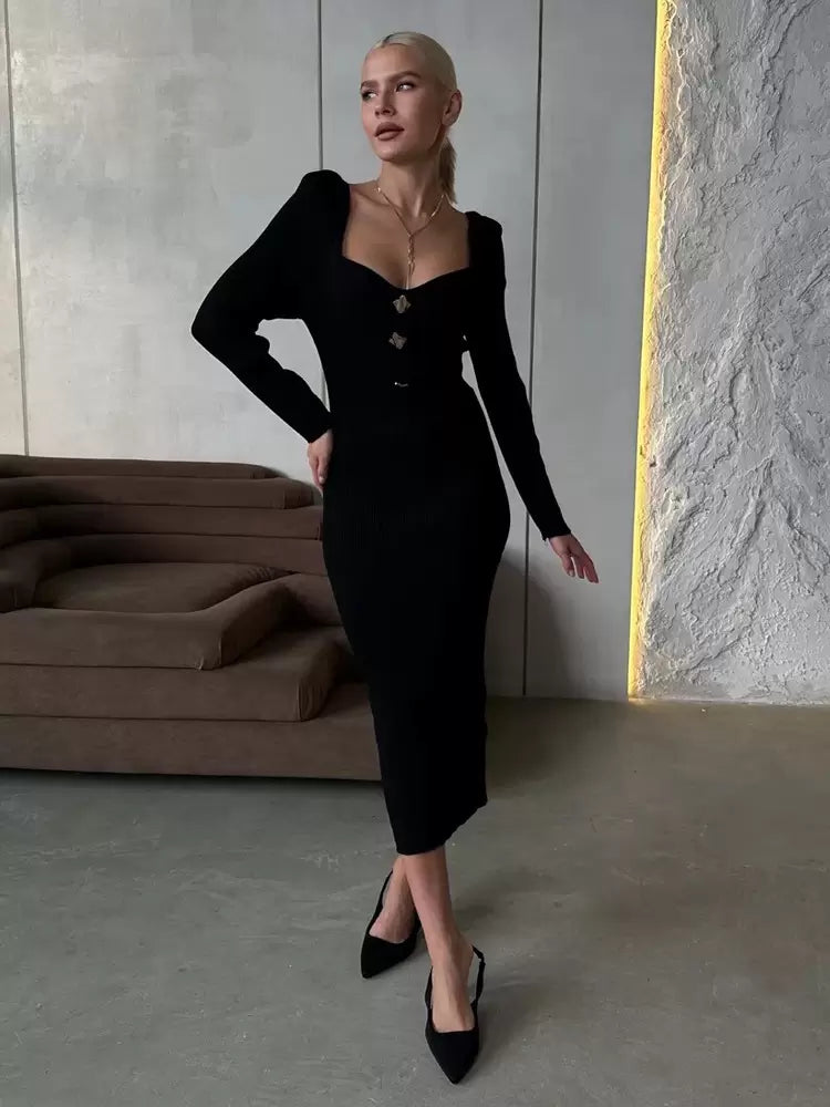 Elegant Comfy Buttons Square Neck Long Sleeves Polyester Knitted Dress