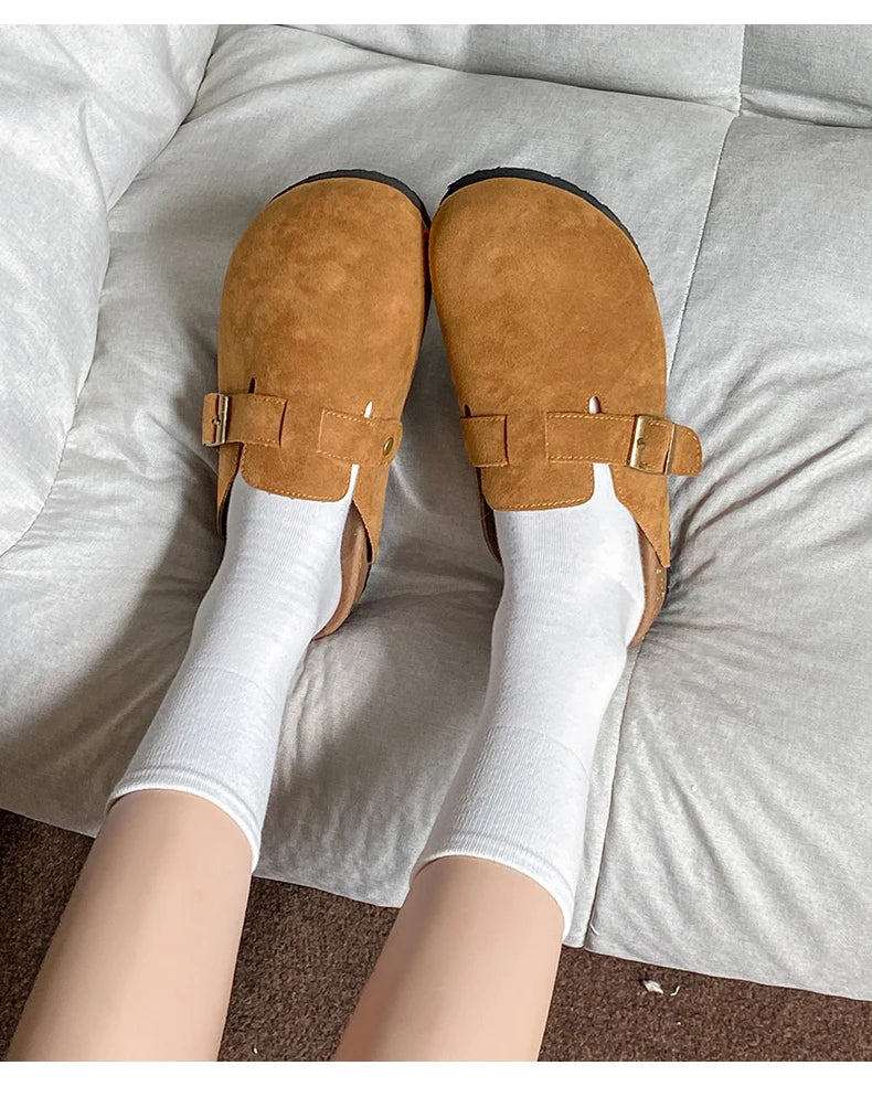 Comwarm Suede Clogs Home Slippers Leather Mules Men Cork Footbed Sandals Potato Shoe with Arch Support For Beach