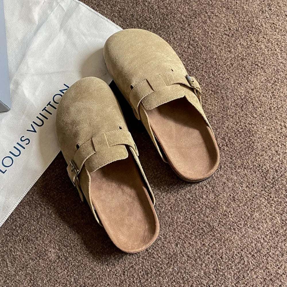 Comwarm Suede Clogs Home Slippers Leather Mules Men Cork Footbed Sandals Potato Shoe with Arch Support For Beach