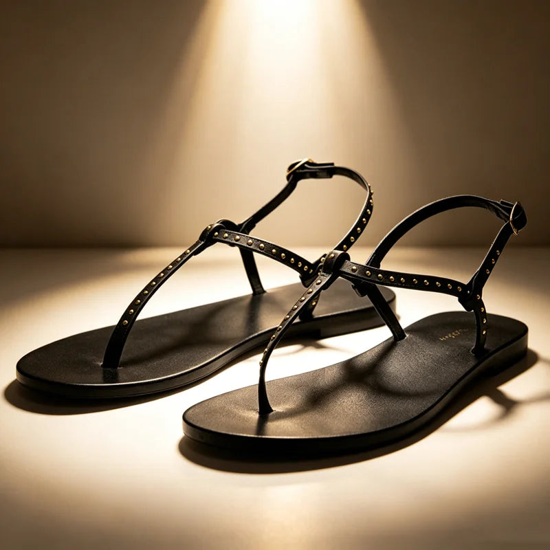 Concise Style Rivet Detail Flat Sandals Comfortable Ankle-Strap Buckle Clip Toe Sandals Luxury Designer Beach Shoes