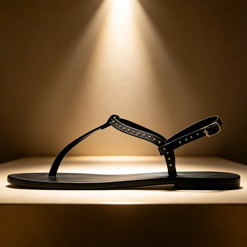 Concise Style Rivet Detail Flat Sandals Comfortable Ankle-Strap Buckle Clip Toe Sandals Luxury Designer Beach Shoes